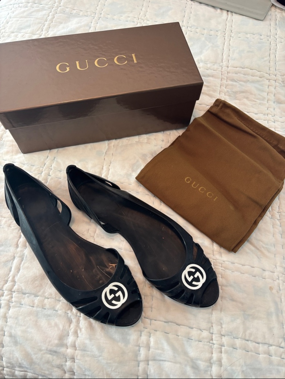 Gucci Black Jelly Peep-Toe Flats with White GG Medallion * sz 40 * us sz 10 *